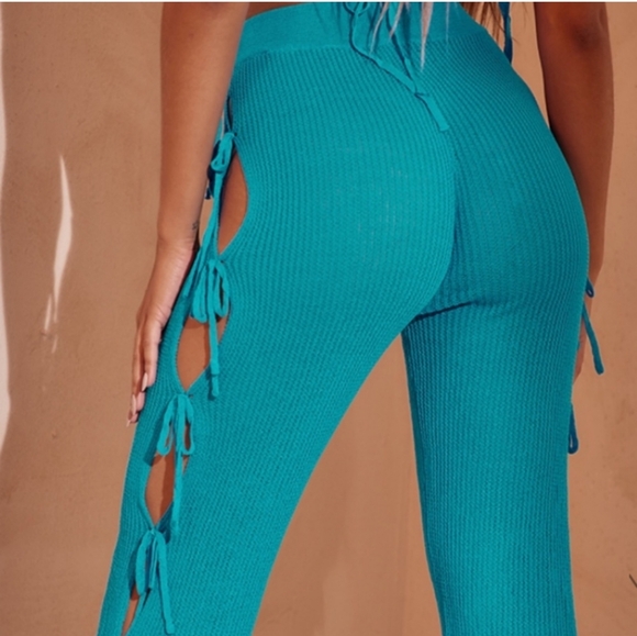 NWT Pretty Little Thing Blue Lace-Up Knit Pants - Picture 1 of 6
